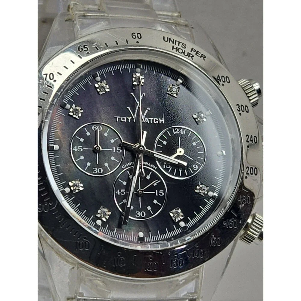 ToyWatch Unisex Black Mother Of Pearl Chronograph Clear Watch New Battery